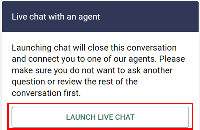 Support widget asks if you want to live chat with an agent. "Launch Live Chat" button selected.