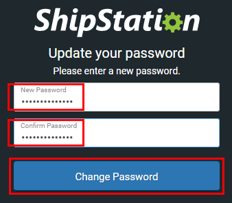 ShipStation-Bildschirm „Aktualisieren Sie Ihr Passwort“ mit einem neuen Passwort, das in beide Felder eingegeben wurde.