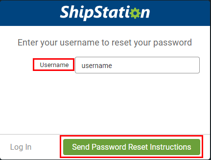 Bildschirm „Passwort zurücksetzen“ mit eingegebenem Benutzernamen und markierter Schaltfläche „Anweisungen zum Zurücksetzen des Passworts senden“.
