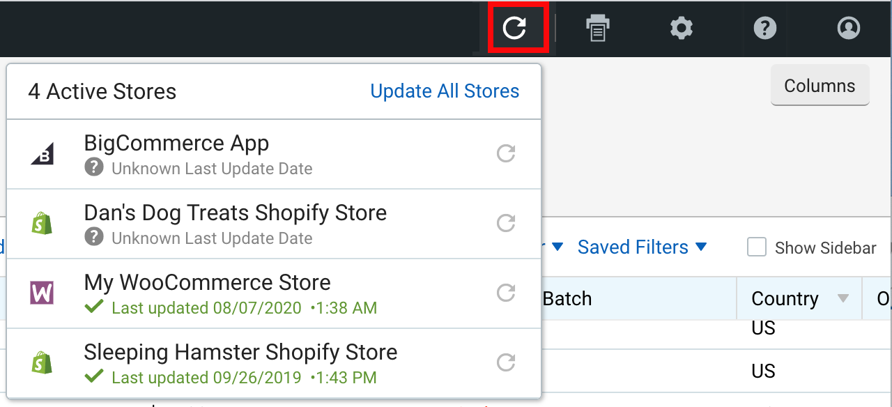 Import Orders drop-down menu with Import icon highlighted.