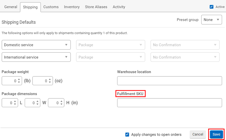Fulfillment SKU field highlighted in Shipping tab of Product Details window.