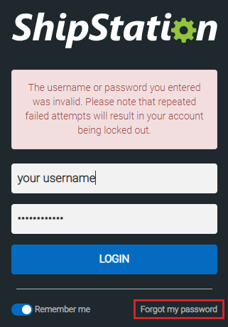 Der Link „Ich habe mein Passwort vergessen“ ist auf dem ShipStation-Anmeldebildschirm hervorgehoben.