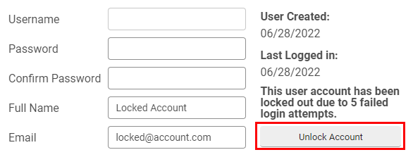 The locked user information is displayed. The unlock account button is highlighted.