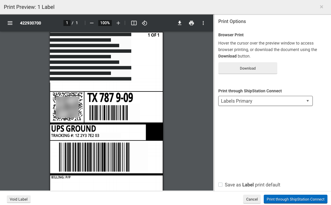 Pop-up-Fenster zum Drucken von Etiketten mit einem PDF-Beispielbild für das Etikett.