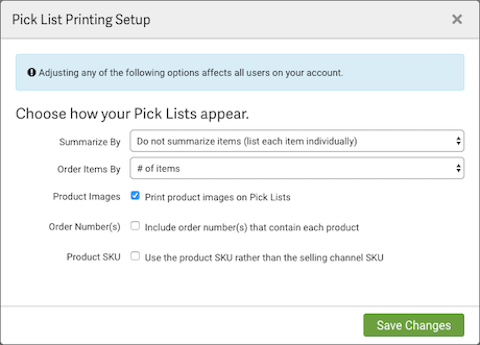 Pick List Printing Setup popup. Options include: Summarize By, Order Items by, Product Images, Order Number, Product SKU