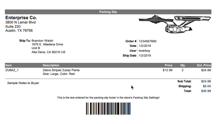 Example document using the ShipStation default packing slip template.