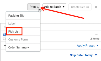 Order Details, an arrow points to the Print menu dropdown with the Pick List option selected