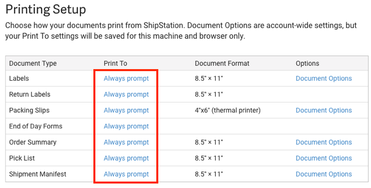 Printing Setup popup. Red box highlights option to Always Prompt under 'Print to' column.