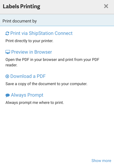 Pop-up-Fenster „Drucken“: Die Menüoptionen sind „Drucken über ShipStation Connect“, „Vorschau im Browser“, „PDF herunterladen“ und „Immer fragen“.