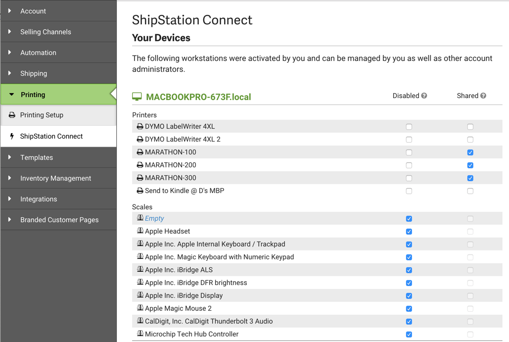 ShipStation Connect settings page. Shows Available printers, scales, & which are Disabled or Shared