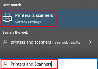 Drucker- und Scannereinstellungen werden über die Windows-Desktop-Suchleiste geöffnet.