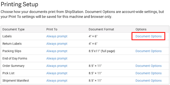Printing Setup page showing the Document Options marked for the Labels Document type.