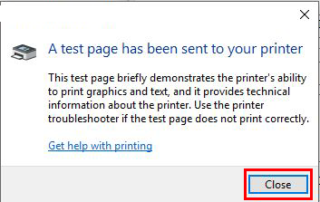 Windows test page printing confirmation pop-up window