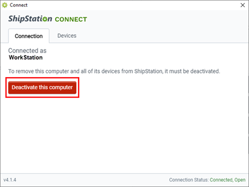 "Deactivate this computer" button highlighted in ShipStation Connect application window.
