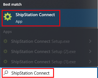ShipStation Connect application located from Windows desktop search bar. Click from results list to launch.