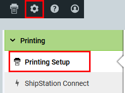 Der Pfad „Einstellungen > Drucken > Druckeinstellungen“ ist in ShipStation hervorgehoben.