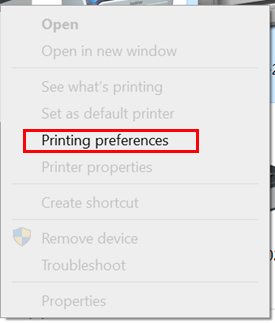 Printing Preferences highlighted in the Windows right-click menu.