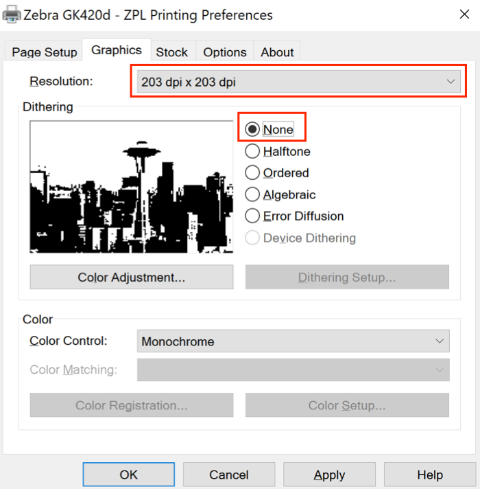 In den Windows-Druckeinstellungen ist die Registerkarte „Grafik“ geöffnet und die Auflösung auf 203x203 dpi und Dithering auf „Keines“ eingestellt.
