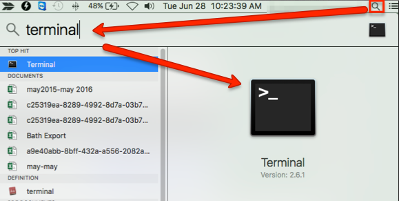 Mac-Desktop-Suchsymbol mit dem hervorgehobenem Begriff „Terminal“ in der Suchleiste. Die Terminal-Anwendung ist in den Suchergebnissen hervorgehoben.