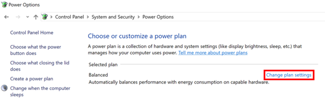 Die Einstellungen der Energieoptionen von Windows öffnen den Bildschirm „Powerplan auswählen oder anpassen“. Der Link „Planeinstellungen ändern“ ist hervorgehoben.