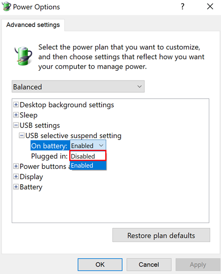 Die erweiterten Einstellungen der Windows-Energieoptionen werden geöffnet, und die USB-Auswahl „Einstellung über Batterie aussetzen“ ist auf „Deaktiviert“ gesetzt.