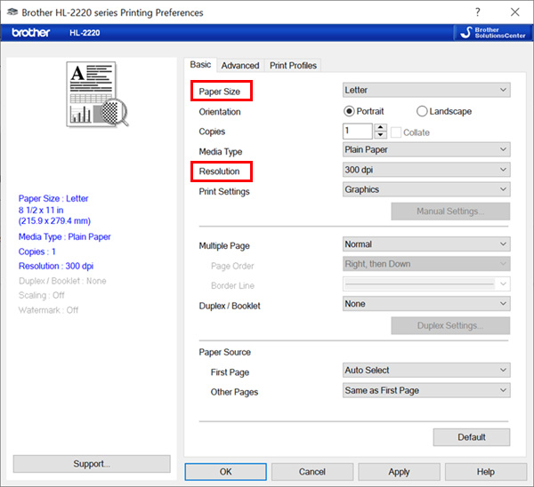 Windows Printing Preferences settings open to Basic tab, with Page Size set to Letter and Resolution set to 300 dpi.