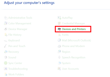 Devices and Printers settings highlighted in Windows Control Panel menu.