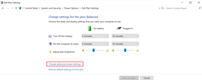 Windows Power Options settings open to Change Settings for Plan screen. "Change advanced power settings" link highlighted.