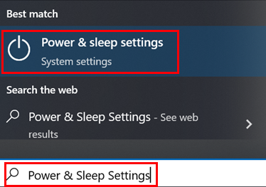 Windows Power & Sleep settings accessed from desktop toolbar search.