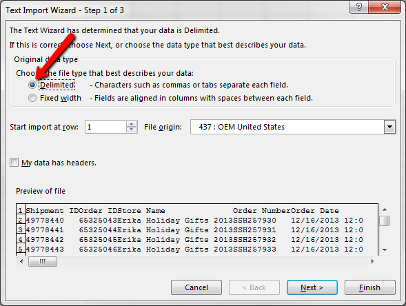 Excel Text Import Wizard pop-up with Delimited option selected for original data file type.