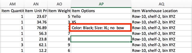 Order Import CSV with Item Options column showing key:value pair sample. "Color: Black; Size: XL; no bow"