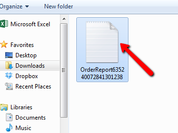 CSV-Datei, die in Windows Excel ausgewählt wurde, wobei ein Pfeil auf die Datei zeigt.