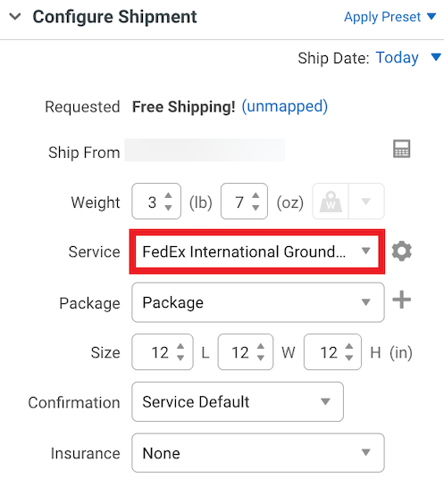 V3 – Auftragsdetails, die den Abschnitt „Versand konfigurieren“ anzeigen. Unter Service ist „FedEx International Ground“ ausgewählt.