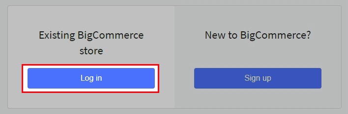 BigCommerce app store log in page with "Log in" button highlighted