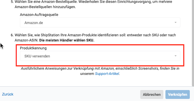 Formular „Connect Amazon“ (Amazon verbinden) mit hervorgehobenem Menü „Product Identifier“ (Produktkennung).