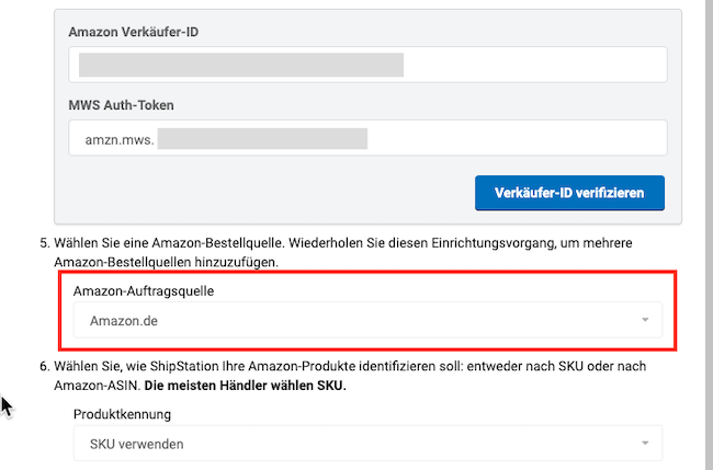 Formular „Connect Amazon“ (Amazon verbinden) mit hervorgehobener „Amazon Order Source“ (Amazon-Auftragsquelle).