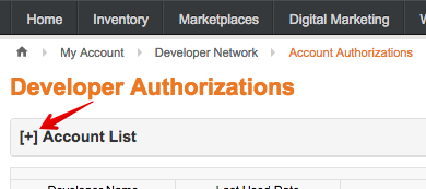 ChannelAdvisor Account Authorizations settings open with arrow pointing to Account List menu.