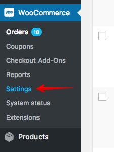 WooCommerce menu with arrow pointing to Settings.
