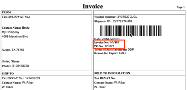 Muster einer UPS-Handelsrechnung mit den rot markierten Feldern „Rechnungsnummer“ und „Bestellnummer“.