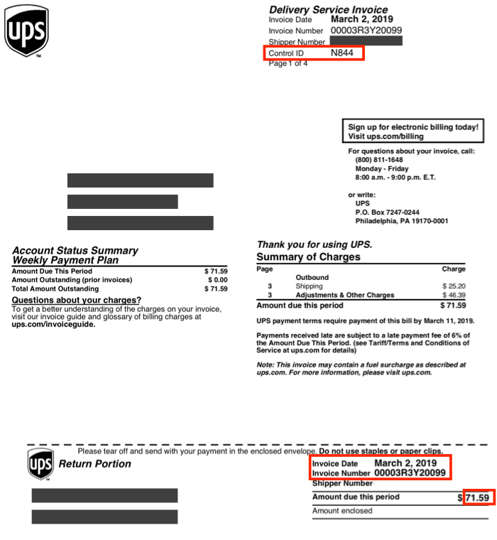 Muster einer UPS-Rechnung mit hervorgehobener Kontroll-ID-Nummer, Rechnungsdatum, Rechnungsnummer und fälligem Betrag.
