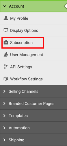 Settings Sidebar: Account dropdown. Red box highlights Subscription option.