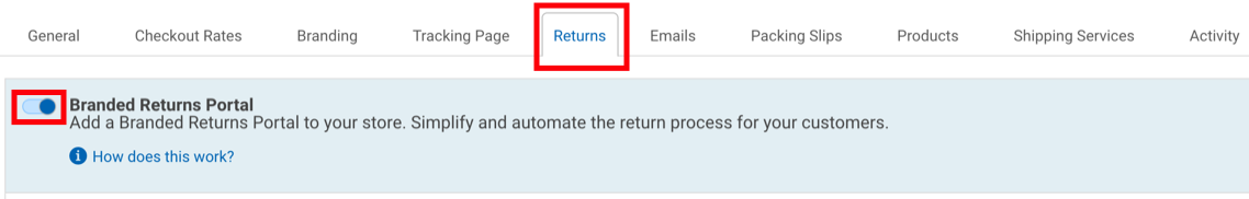 Store Setup page: Returns tab. Red box shows Branded Returns Portal as being toggled On.