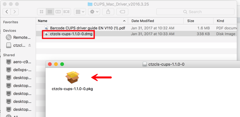CUPS Mac Treiberordner geöffnet. Geöffnete gezippte Datei mit rotem Pfeil, der auf das Symbol „Box öffnen“ zeigt, um die Datei zu entpacken.