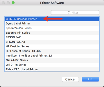 Mac System Preference Printer Software menu open with Citizen printer selected.