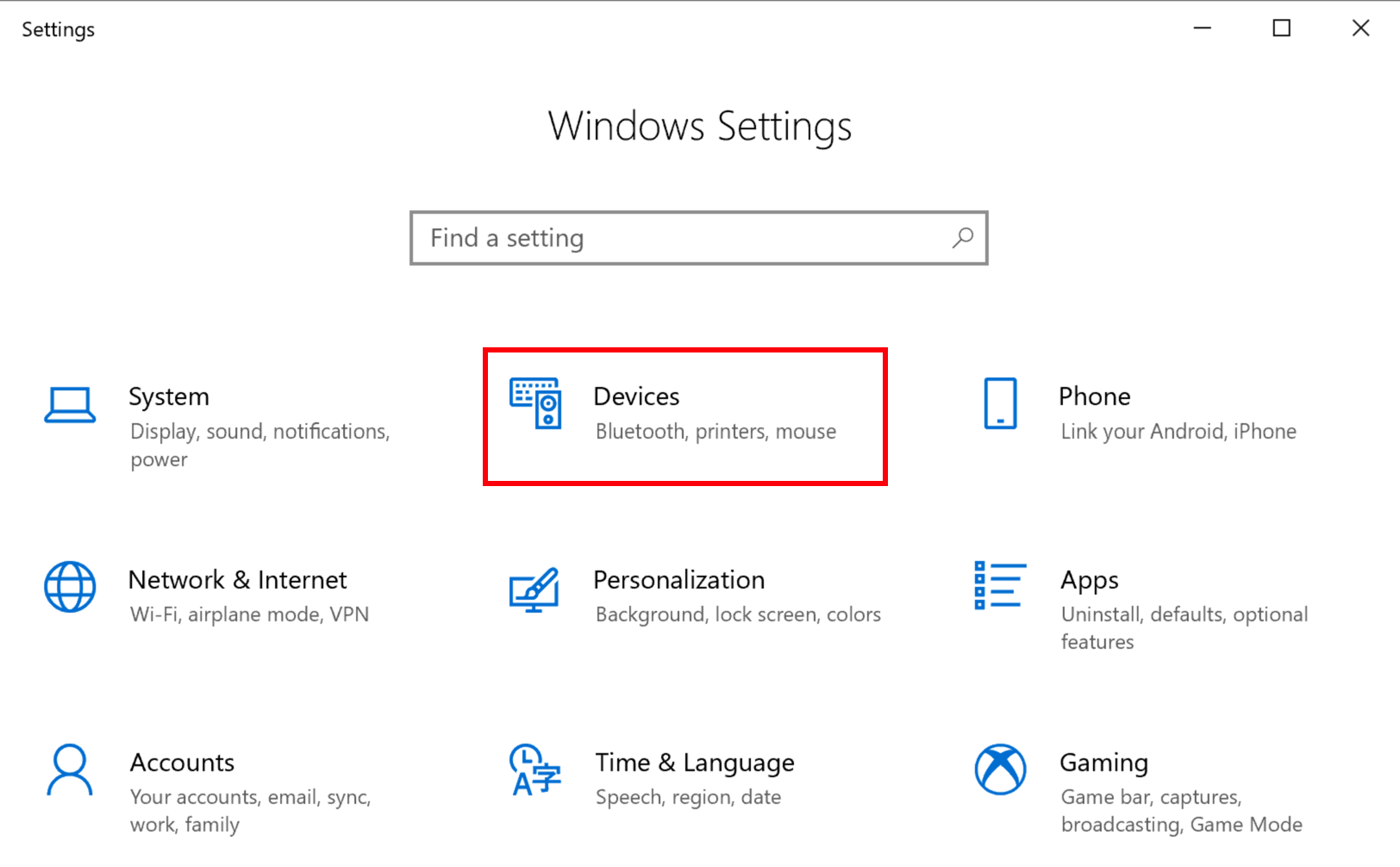 Die Seite Windows-Einstellungen ist geöffnet und das Symbol „Geräte“ ist durch ein rotes Feld hervorgehoben.