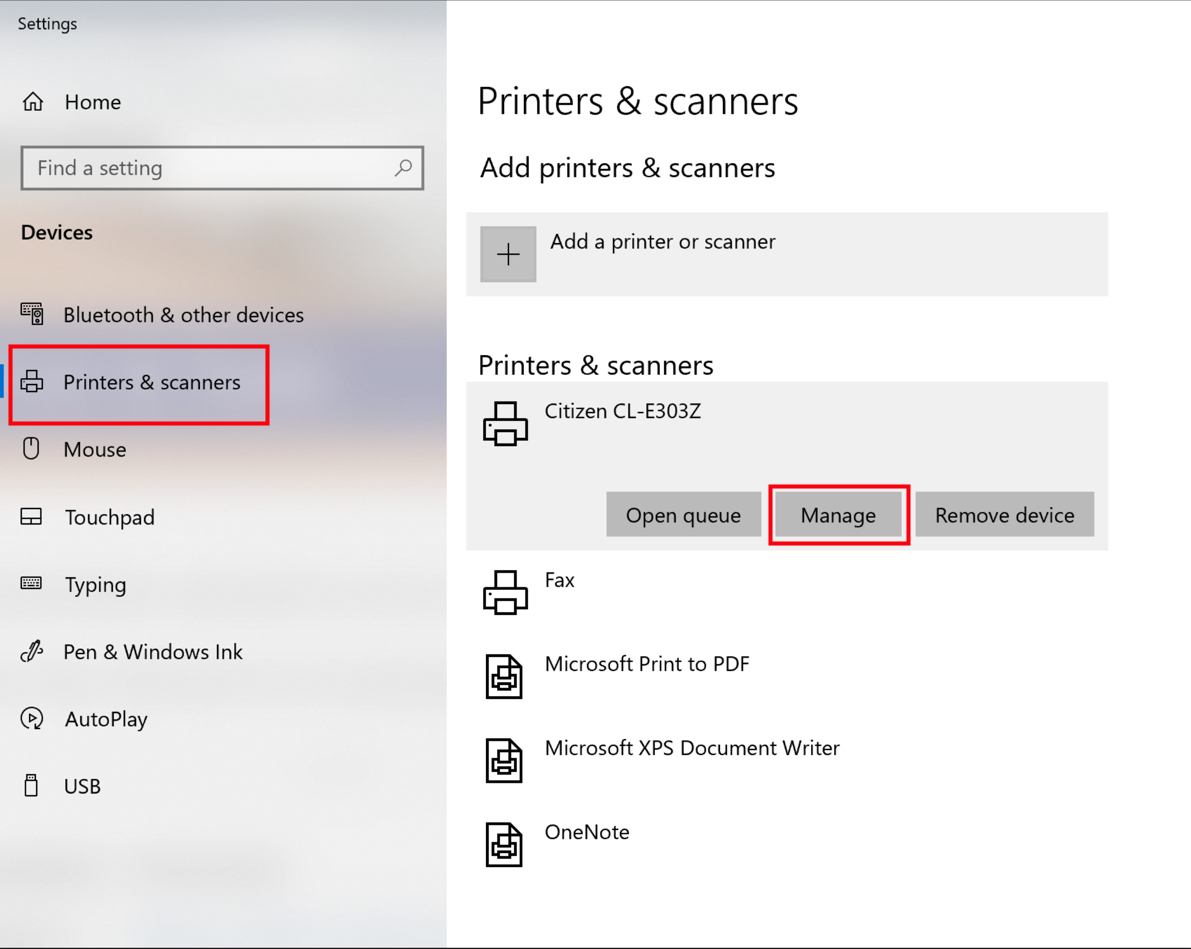 Das Menü „Drucker & Scanner“ von Windows wird in den Einstellungen geöffnet, wobei die Schaltfläche Verwalten unter dem verbundenen Citizen-Drucker hervorgehoben ist.