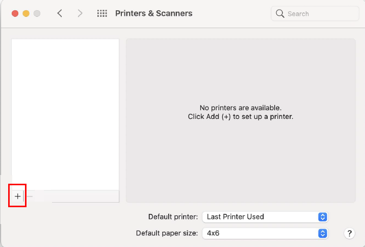 Die Schaltfläche „Drucker hinzufügen“ (Plus-Symbol) ist im Fenster „Drucker und Scanner“ hervorgehoben.