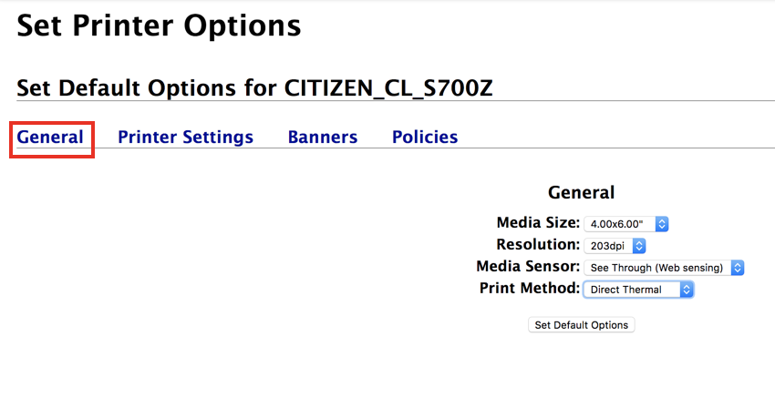 Die Registerkarte „Allgemein“ im CUPS-Bildschirm „Druckeroptionen einstellen“ zeigt die Standardeinstellungen für den Citizen CL S700Z-Drucker.