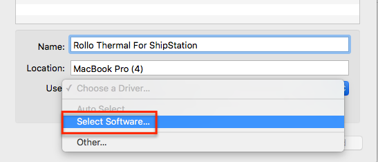 Mac Bildschirm „Drucker hinzufügen“ für Rollo-Drucker geöffnet. Das Menü „Verwenden“ ist geöffnet und die Option „Software auswählen“ ist markiert.