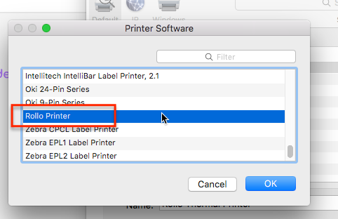 Mac-Systemeinstellung Druckersoftware-Menü mit ausgewähltem Rollo-Drucker.